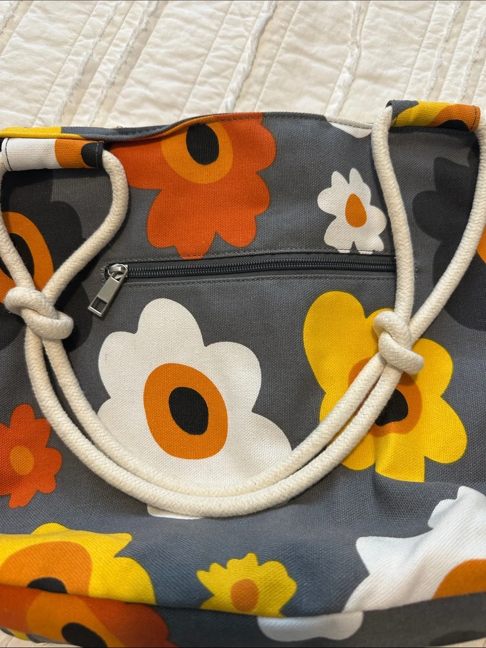 Floral Canvas Tote Bag in Gray, Yellow, Orange, White